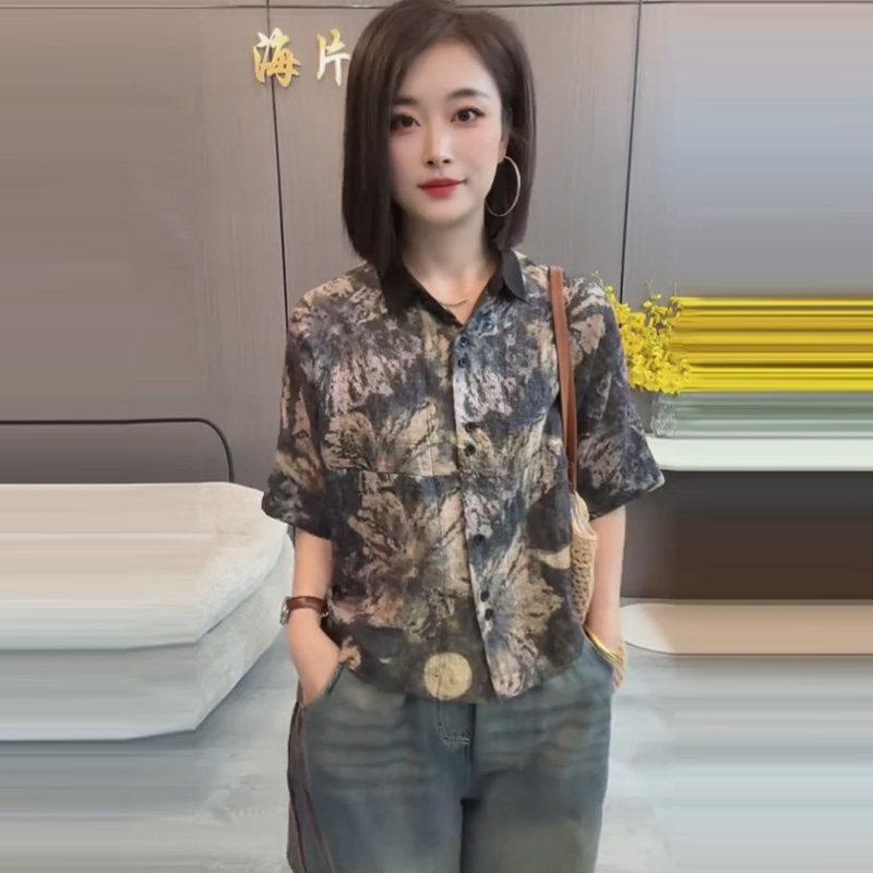 レディース 夏 ビンテージ 花柄 刷り上げる 襟付き添い人 短袖 プルオーバー トップス 心地好い 美術風 軽さ 綿織物 原材料 日常使い走り 可愛らしい