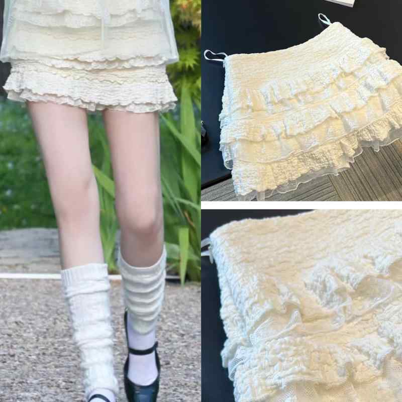 スカート レディース ミニ ベージュ レース フリル ヘム テクスチャー プリーツ フレア かわいい 普段使い 軽量 伸縮性 コットン混 ハイウエスト ビッグシルエット Vネック風 アイボリー系 通勤用 部屋着｜リバーパディ