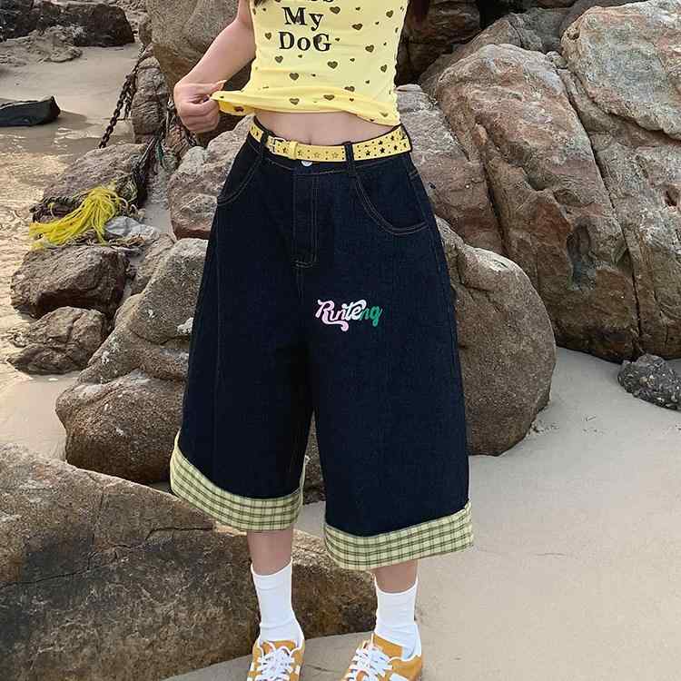 ジーンズ 遊撃手ズボン下 メンズ レディース レトロ 照合のしるし柄 うつり変わり ワイドレッグ 夏用 細見せかけ ゆったり 影ぼうし 心地よい 表どおり 普段使い走り ジーンズ出どころ 膝上丈 合わせ分かりやすい