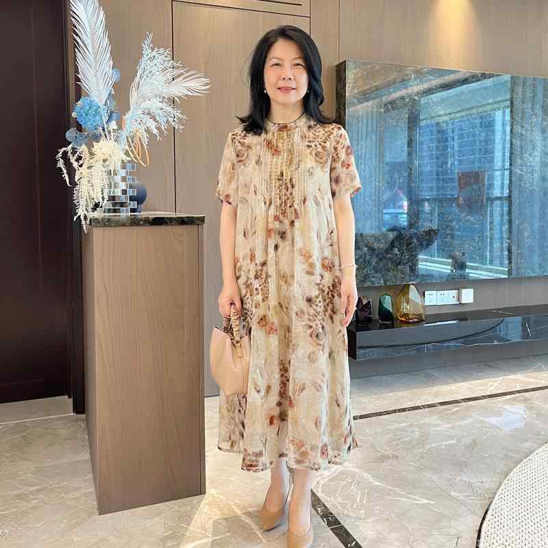 衣装 レディース おっ母さん用 夏 ゆったり 中長丈 中国風 小花柄 御花刷り上げる 御前上等感 口さかしい 通気性 普段使い走り 綿織物混 ビッグ影ぼうし