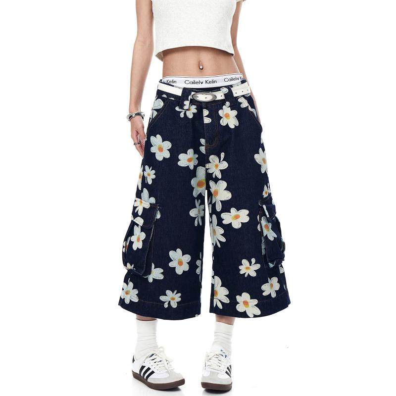 デニムパンツ ユニセックス レトロ アメリカンスタイル デイジー 花柄 ワイドレッグ 7分丈 ワーク カーゴ フィット コットン 素材 普段使い 5,438円