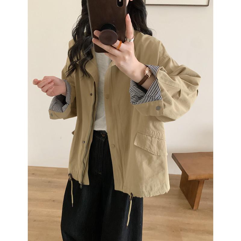 レディース 春 ゆったり ラフ スタンドカラー ワーク風 トレンチコート 短め アウター カジュアル ジャケット 軽量 伸縮性 吸湿速乾 韓国スタイル