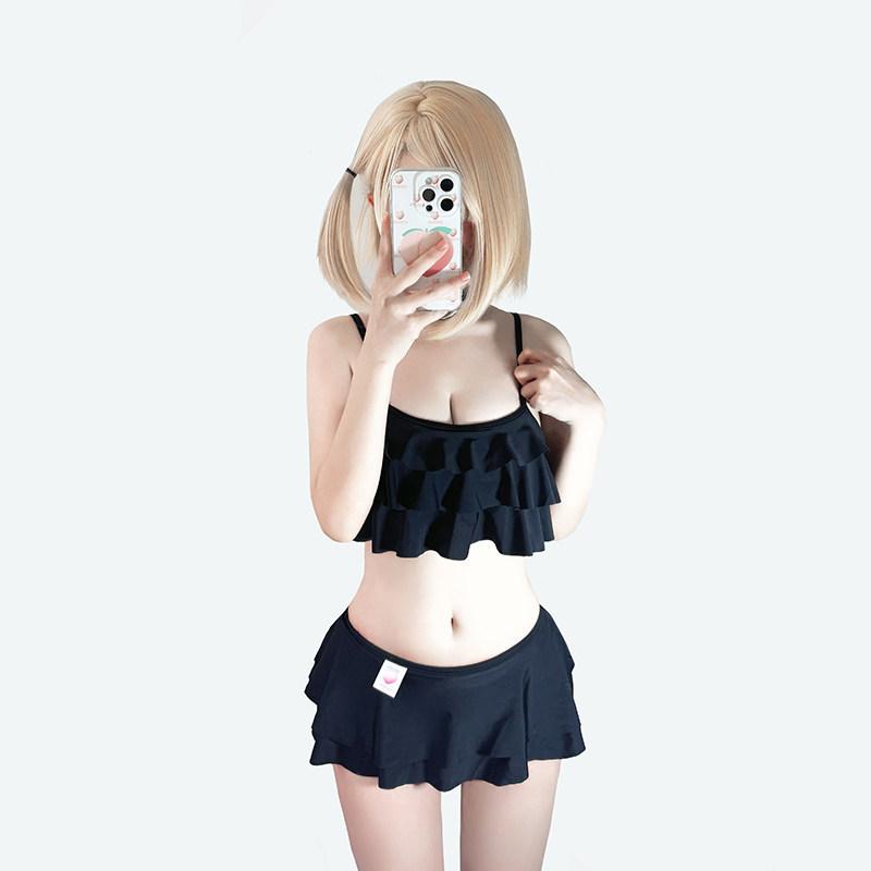 レディース ビキニ 水着 黒 セパレート フリル 小胸対応 かわいい 学生風 アニメ少女風 モダスト 夏用 プール 海