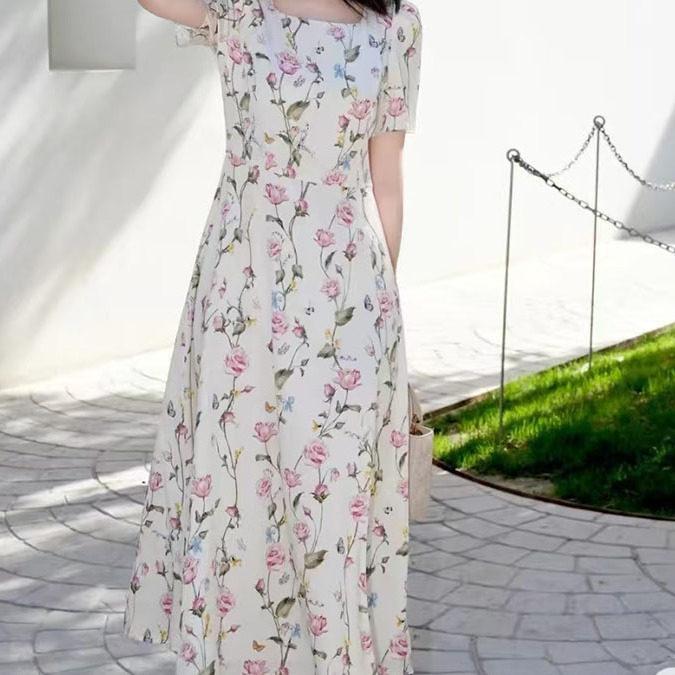 ワンピース レディース 夏 　 花柄 ロング フレア スタイルアップ 軽やか 涼しい 女性らしい シルエット 吸湿速乾 普段使い