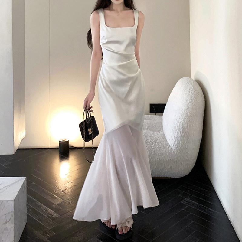 結婚式 ワンピース レディース 白 サテン 袖なし エレガント 大Uネック ウエストシェイプ ロング丈 スリム フィット フォーマル