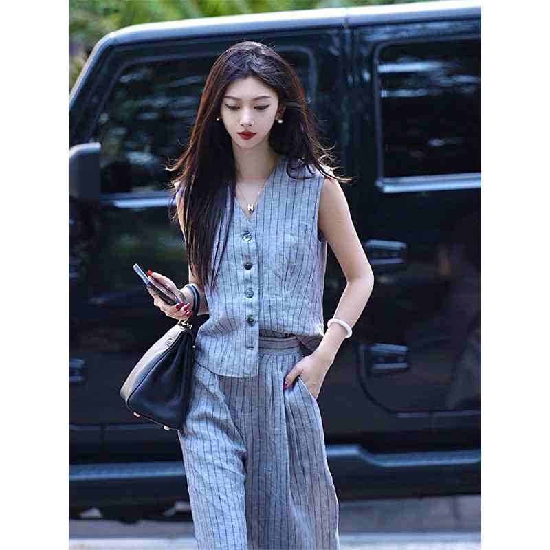 レディース 夏用 綿麻 リネン セットアップ ベスト ワイドパンツ 高級感 ゆったり シルエット 通気性 軽量 2点セット 8,887円