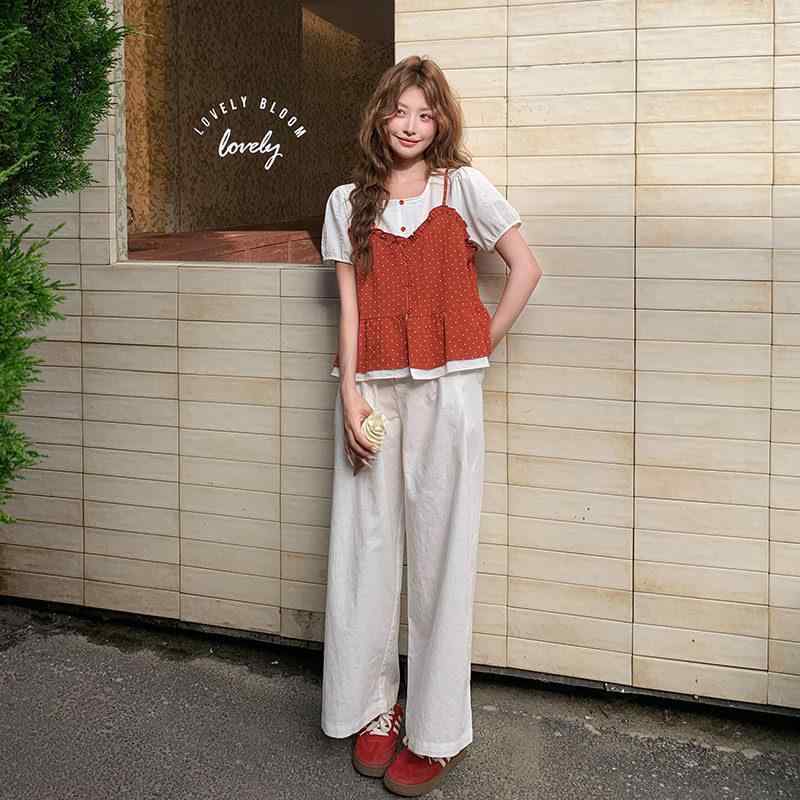 レディース ドット柄 ブラウス ストレート パンツ セット 韓国 夏 カジュアル ペティート 普段使い 軽やか シルエット