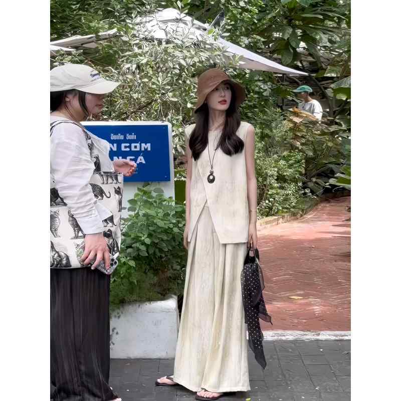 レディース アシンメトリー リネン ベスト セット コットン リネン パンツ 夏用 ファッション 高級感 軽量 涼しい スタイリッシュ カジュアル 普段使い 吸湿速乾 通気性 好