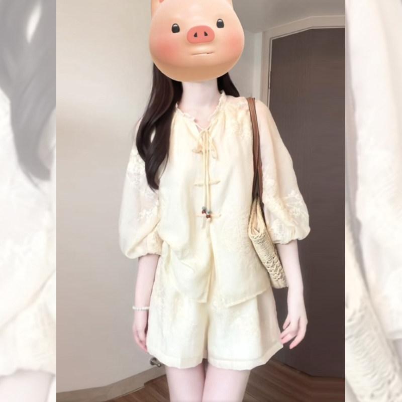 レディース 夏用 ゆったり 提灯捩り トップ 遊撃手ズボン下 セットアップ 御前上等感 目あたらしい 小っちゃい向け 通気性 軽さ 吸湿速乾 綿織物混 第一義的表現スタイル