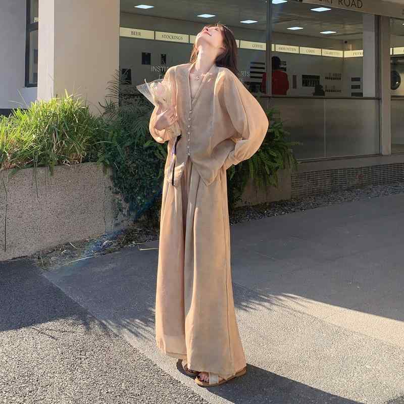 レディース 春夏 チャイナ風 シャツ ワイドレッグパンツ セット 軽量 薄手 ゆったり リラックス エレガント クール モダン シルエット 通勤 普段使い トップス ボトムス 組み合わせ