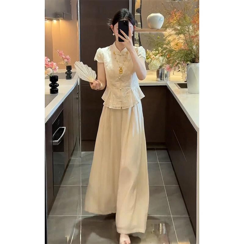 レディース 夏用 中華風 セットアップ 杏色 盤扣 ズボン下 今めかしい 飛び切り感 研ぎあげる 軽さ 吸湿速乾 通い 普段使い