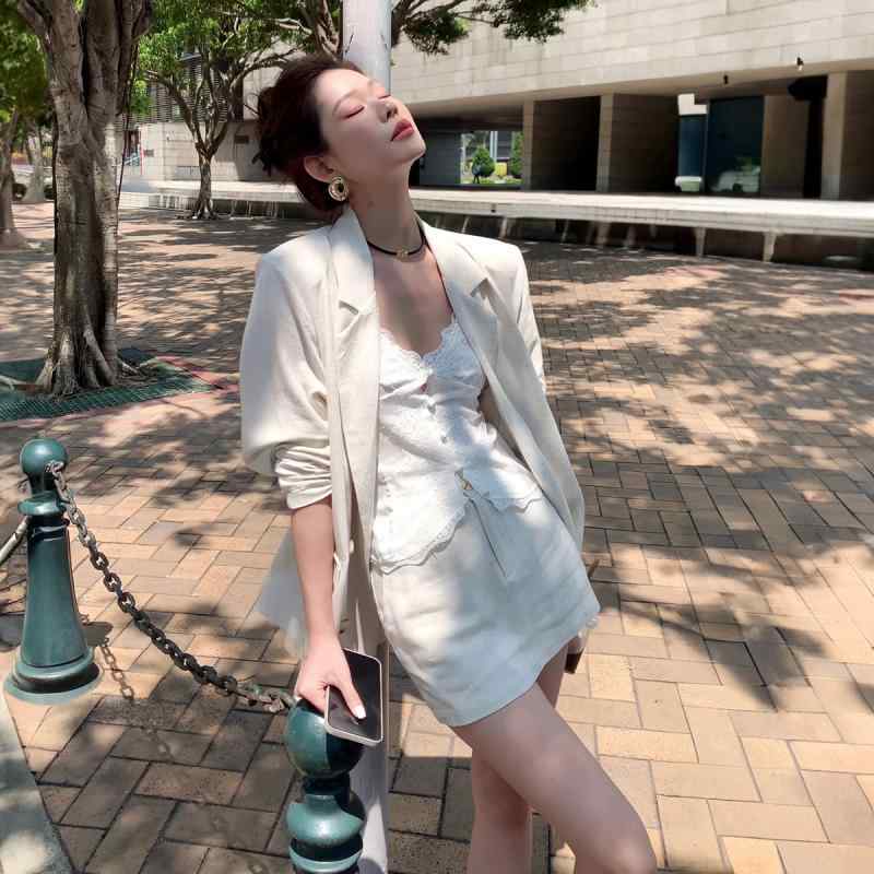 レディース 春 リネン スーツ セット ゆったり UVカット 軽量 薄手 ショートスカート カジュアル