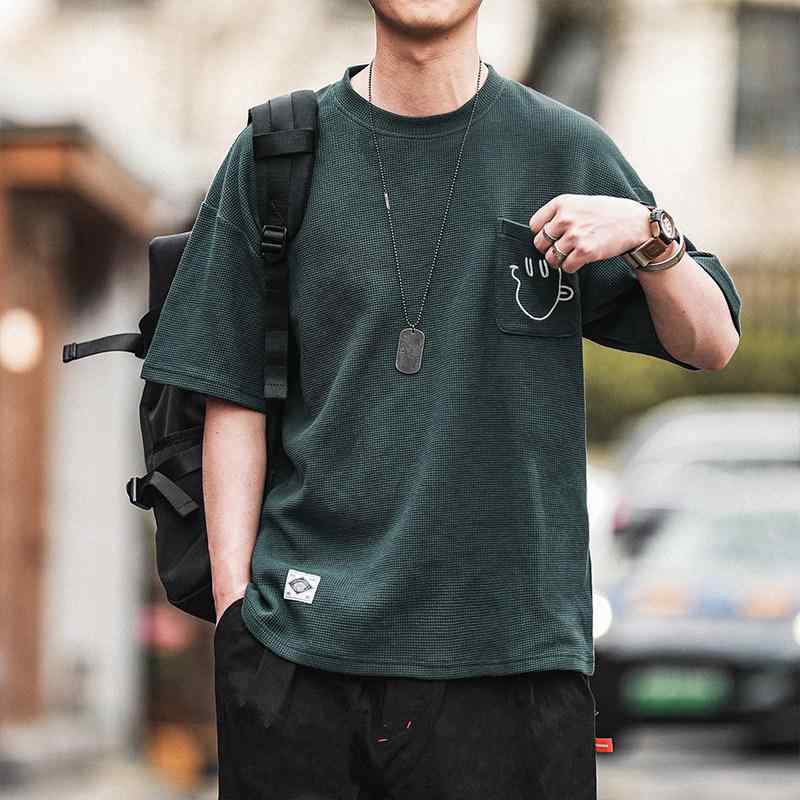 Tシャツ メンズ 夏 半袖 ワッフル柄 厚手生地 カジュアル トップス 日系スタイル ストリートファッション インナー用 コットン混 普段使い 通勤対応 吸湿速乾 伸縮性 ブラック系 グレー系
