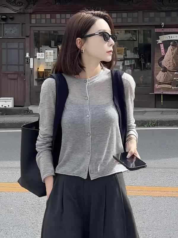 女性用 接触冷感 ニットカーディガン グレー クルーネック 短袖 長袖 夏用 ゆったり 小柄対応 UVカット 吸湿速乾 軽量 トップス