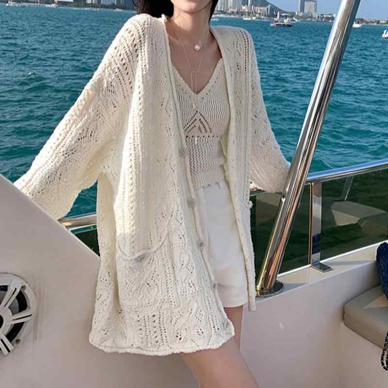 カーディガン レディース 春夏 コットン100% ニット 花柄 ジャカード ゆったり ホワイト 軽量 吸湿速乾 ルーズフィット トップス