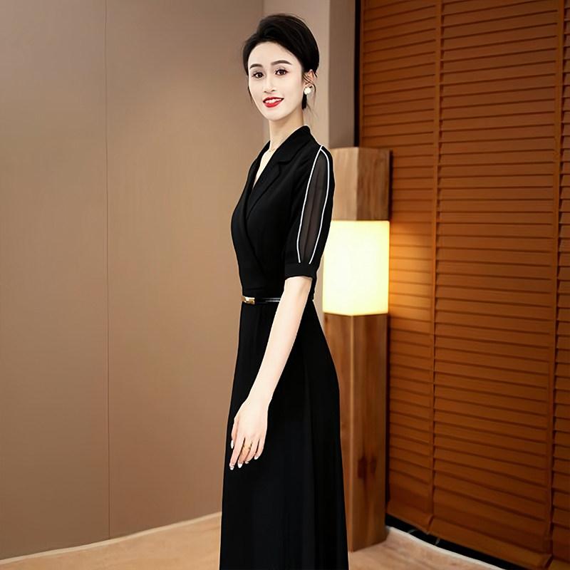 レディース 夏 ロングスカート ブラック フレンチスタイル スリム 高級感 上品 軽量 伸縮性 吸湿速乾 通勤用 普段使い ハイウエスト Vネック 切り替え デザイン 再生繊維 接触冷感