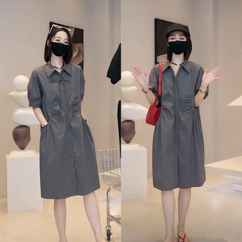 レディース 夏 シャツワンピース 韓国風 ゆったり スリム ユニークデザイン 合わせやすい 純色 プリーツ 大型ポケット 普段使い 軽やか 涼しい