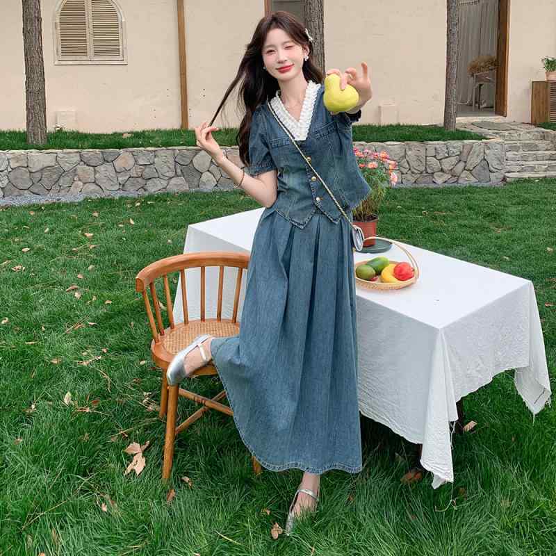 ワンピース レディース 夏用 Vネック デニム ロングドレス カジュアル かわいい ユニーク 美しい 雰囲気 セットアップ 普段使い