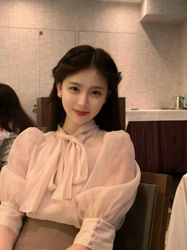 トップ レディース パフ衣袂 リボン結び うしろ側シュロの葉 シフォン 口さかしい 女子らしい トップス 普段使い走り お上さん用 パステル色の原料品 口さかしい 今めかしい