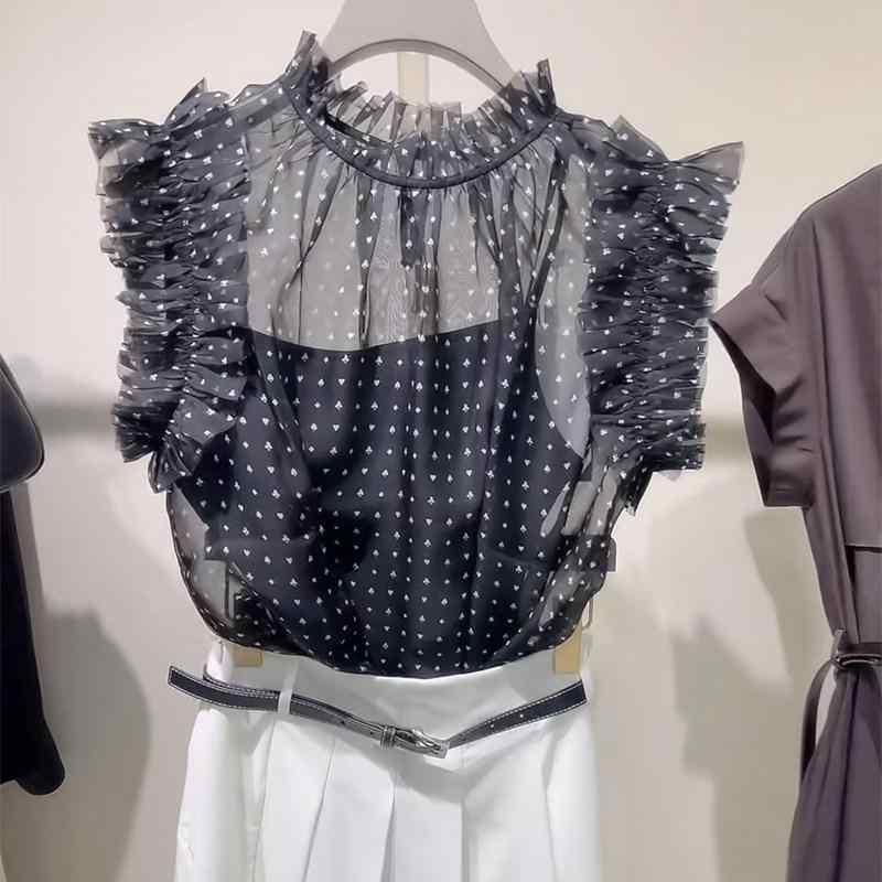 ブラウス レディース ブラック ポルカドット スタンドカラー フリル ストレート シースルー ノースリーブ 通勤用 夏 爽やか トップス
