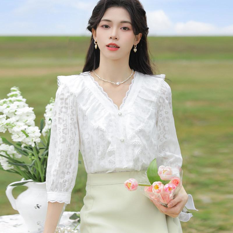 レディース Vネック シフォンブラウス 春夏 フリル ホワイト トップス おしゃれ ゆったりシルエット お腹カバー 軽量 透け感 女性用 シャツ ブラウス