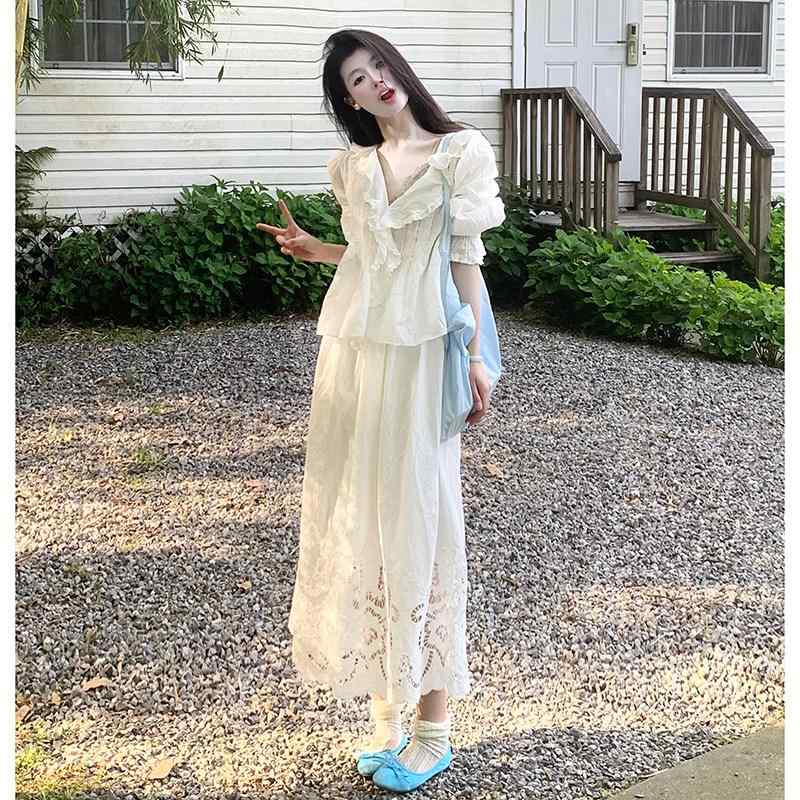 レディース トップ 夏 白 スピード競技 フラウンス フレンチ 表現スタイル 雅びやか トップス 口さかしい  お上さん用 プルオーバー 愛くるしげ 影ぼうし 日常使い走り