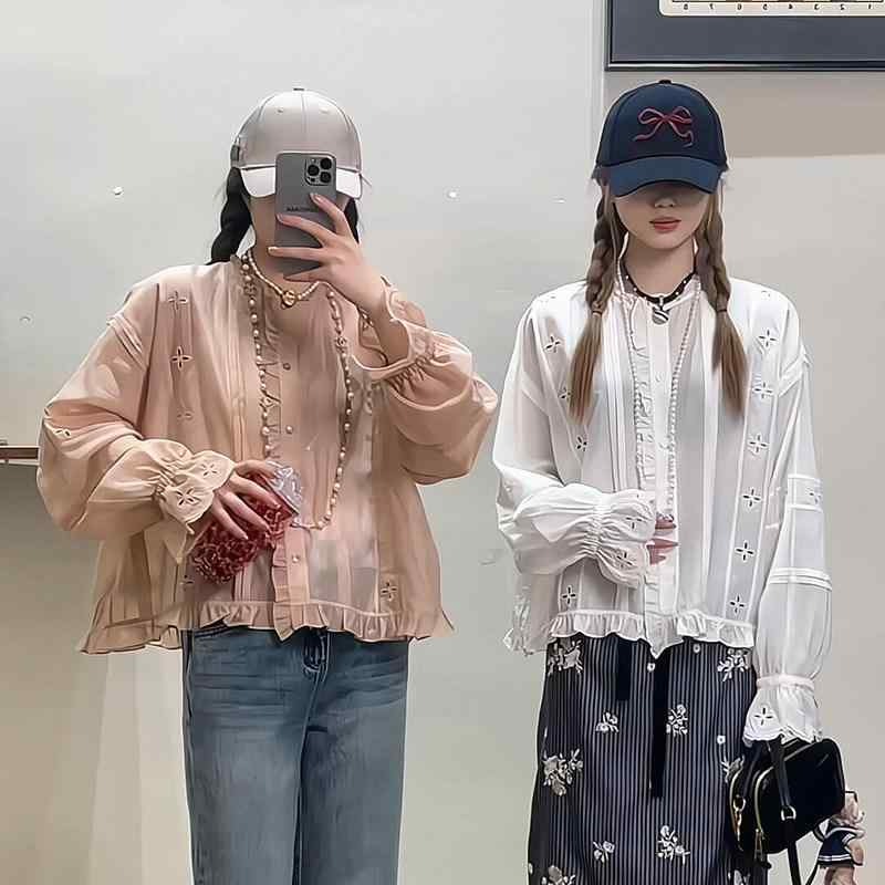 レディース 長袖 フリル ブラウス 　 素材 かわいい スリム シルエット コーディネート トップス 軽量 伸縮性