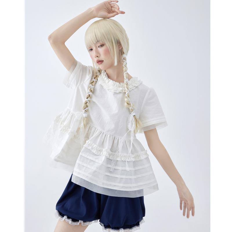 ブラウス レディース 白 レース フリル 襟 短袖 ゆったり かわいい トップス ガーリー カジュアル 日常使い 軽やか シルエット フェミニン
