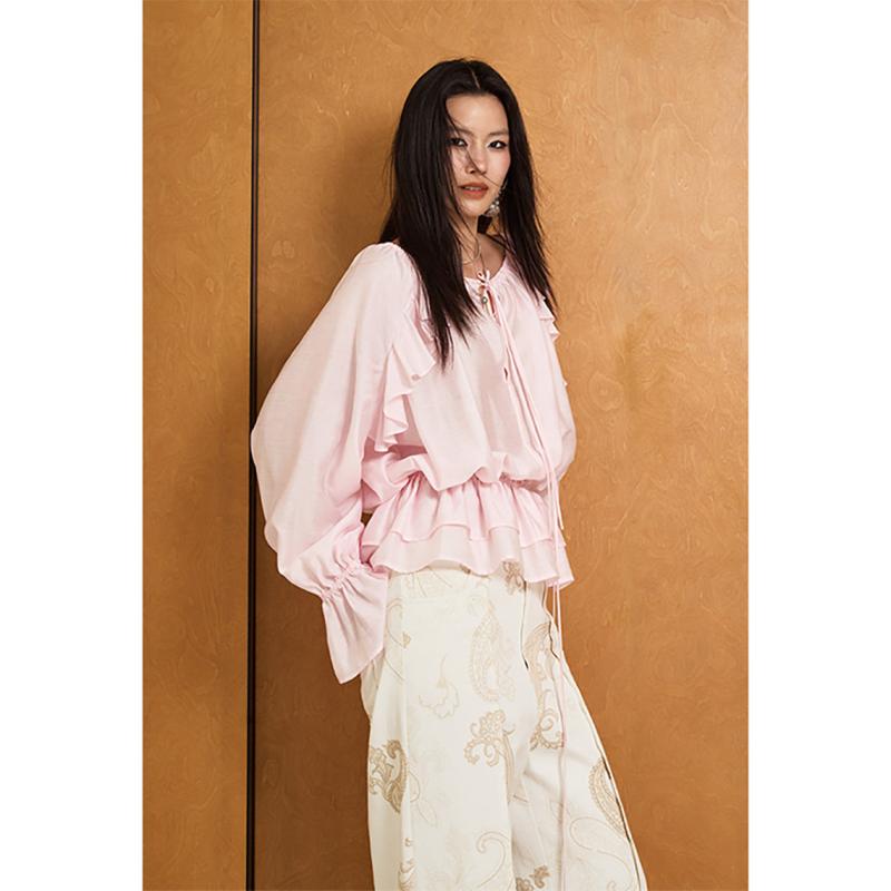 ブラウス 　素材 ドローコード フリルエッジ 伸縮 ラッパ袖 女性用 軽量 トップス 伸縮性 高級感 カジュアルスタイル