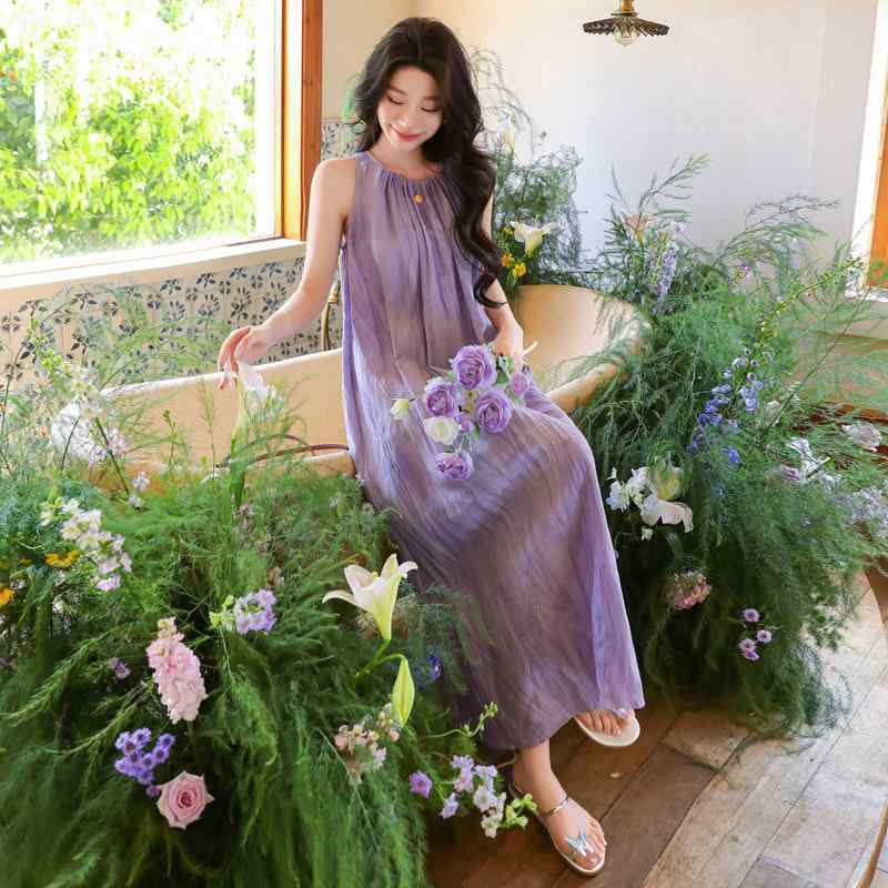 衣裳 レディース 夏 ノースリーブ 紫 真っただ中丈 麻 たまり場 ゆったり  か細い 雅びやか 軽さ 冷やりとした 砂浜 普段使い