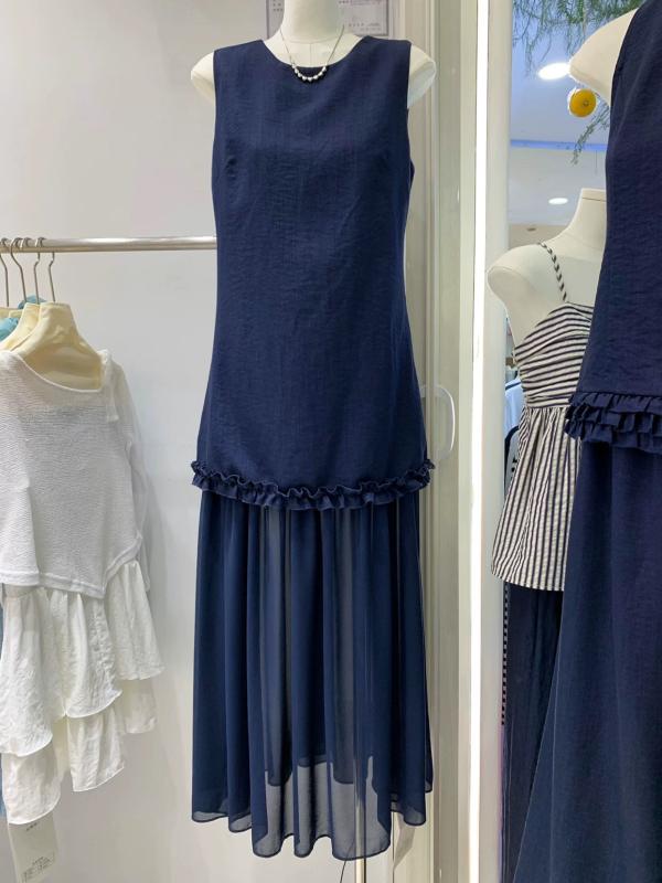 レディース 夏用 ノースリーブ ワンピース ネイビー 切り替え チュール フリル ロングドレス スリムシルエット 軽量 伸縮性 吸湿速乾 通勤 普段使い