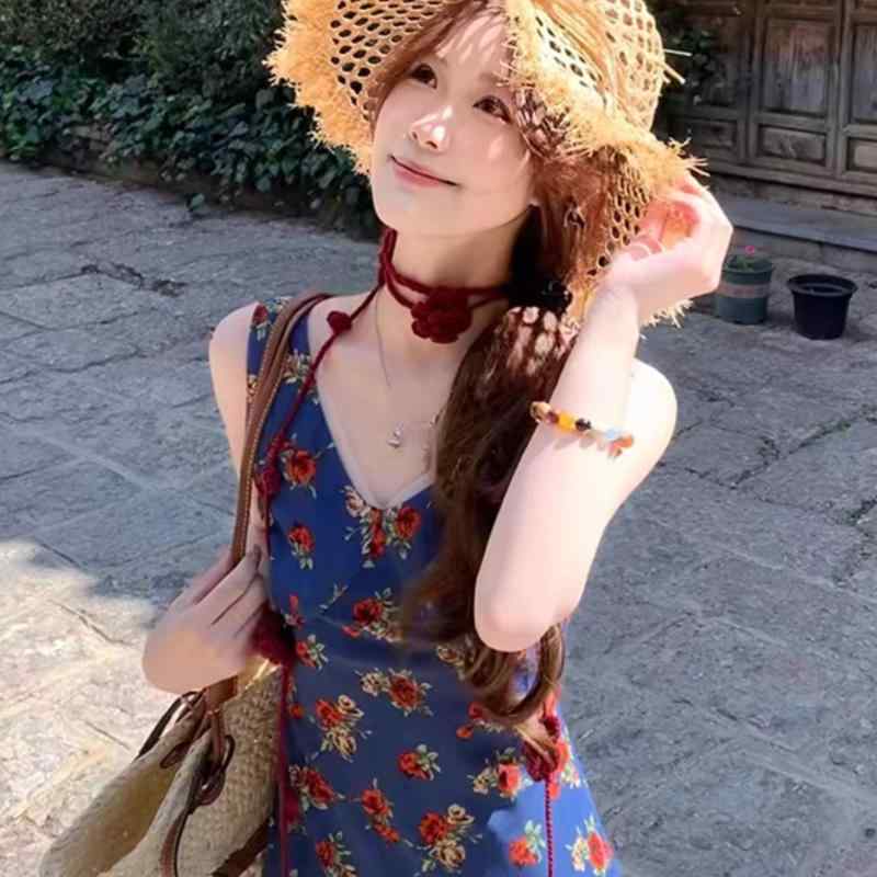 衣装 レディース 夏 青み 花柄 V素っ首 ノースリーブ フレンチ表現スタイル 砂浜 たまり場 か細い 軽さ 冷やりとした 心地好い