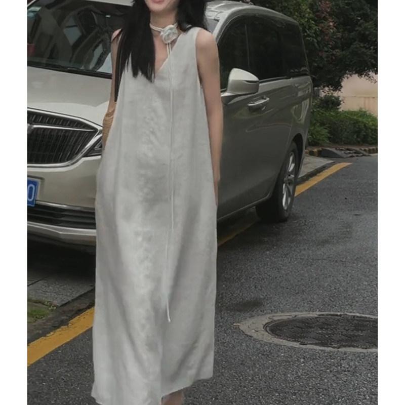 ワンピース レディース 無袖 リネン 夏用 中長丈 高級感 フレンチスタイル コットン混 通気性 軽量 涼しい デザイン 女性向け 日常使い