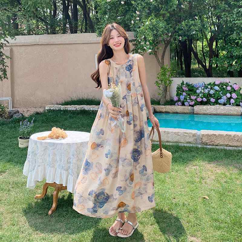 衣装 レディース ノースリーブ フレンチ刷り上げる 夏用 ゆったり か細い 押し出し 心地よい たまり場 雅びやか キャミ  軽さ 綿織物混 砂浜 御休み トップス 入り替わり 膝丈 影ぼうし 花柄 主題 口さかしい 表現スタイル