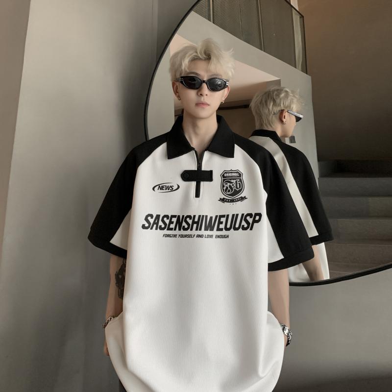 Tシャツ メンズ 短袖 ポロ バイカースタイル 夏用 トレンド デザイン クール アメリカン ワッフル 格子 ハーフジッパー トップス カジュアル スタイリッシュ 軽量 吸湿速乾