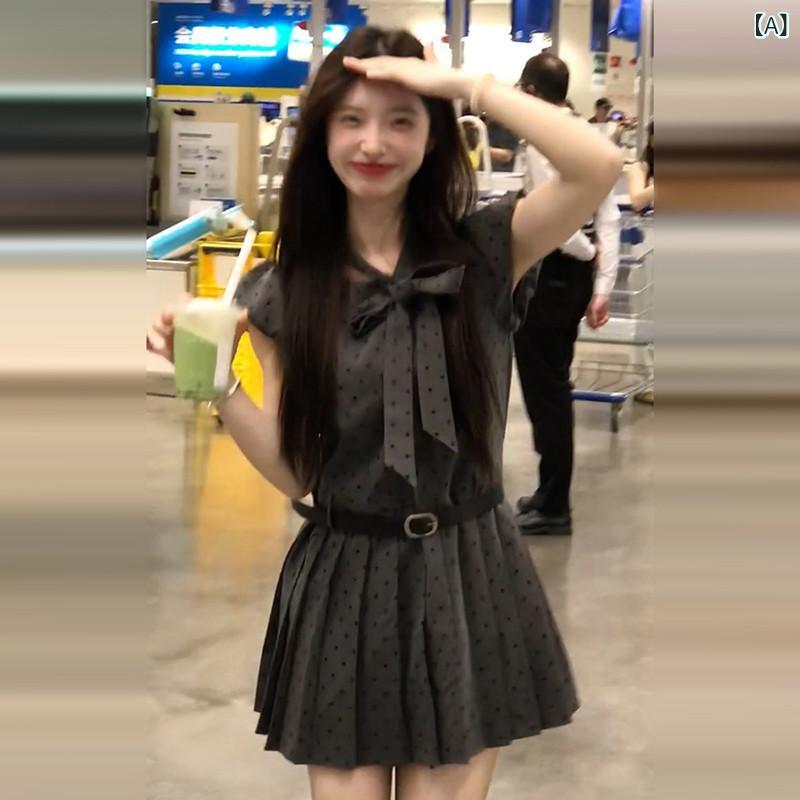 レディース ワンピース グレー ポルカドット柄 Aライン 収腰 スリムシルエット 夏用 ミニ丈 かわいい ドレス 日常使い 軽やか ユニーク