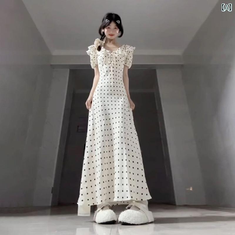 ワンピース レディース 夏 フレンチスタイル スカロップエッジ パフスリーブ ドット Vネック ロングドレス ビーチ リゾート 軽やか フェミニン 花柄風