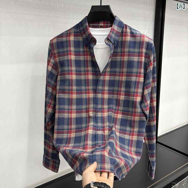 秋冬 メンズ 長袖 チェック柄 綿100% シャツ ビジネス カジュアル 高級感 起毛加工 暖かみ 通勤用 レイヤード インナー トップス