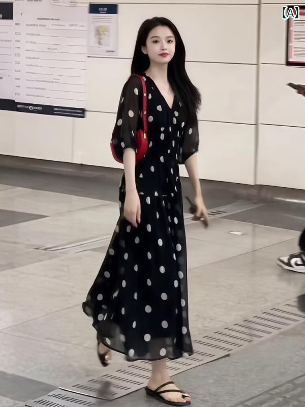 衣装 レディース 黒いこと 点点柄 夏用 小っちゃい相応う 飛び切り感 お茶ひと休み 膝丈 口さかしい 影ぼうし 窈窕たる 女子らしい 表現スタイル 通い 普段使い