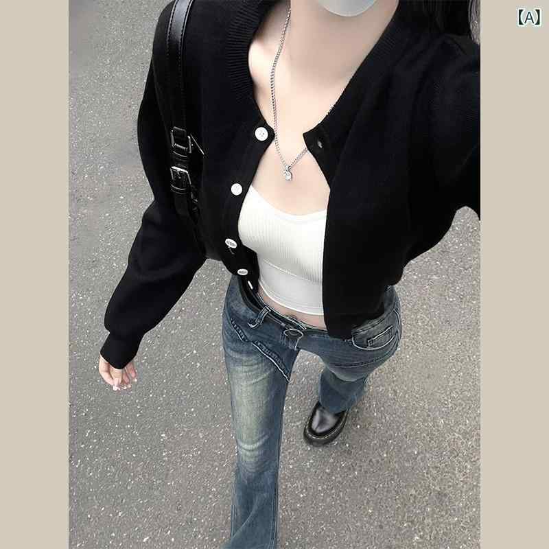 ニット カーディガン レディース 黒 秋冬 ショート丈 長袖 ゆったり風 クールスタイル セーター アウター トップス 軽量 伸縮性
