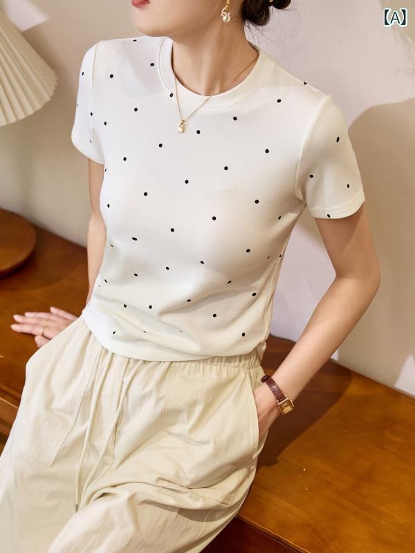 Tシャツ レディース 白 ポルカドット柄 ラウンドネック ショートスリーブ 夏用 モダール生地 トップス 軽量 伸縮性 吸湿速乾 普段使い カジュアル