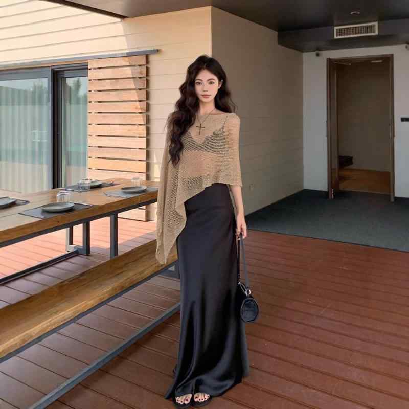 ニット トップス 女性用 金色 レース 透け感 ワンピース 着こなし 肩掛け ブラウス 度假風 リゾート スタイル 軽量 伸縮性 コットン 混 切り替え ブラック ピンク系 アイボリー 春夏 秋冬 通勤用 普段使い アウトドア