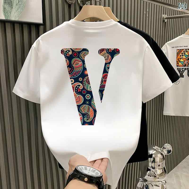 夏用 メンズ 半袖 Tシャツ カジュアル クルーネック プリント柄 コットン トップス 普段使い スタイリッシュ 軽量 吸湿速乾 ゆったりシルエット