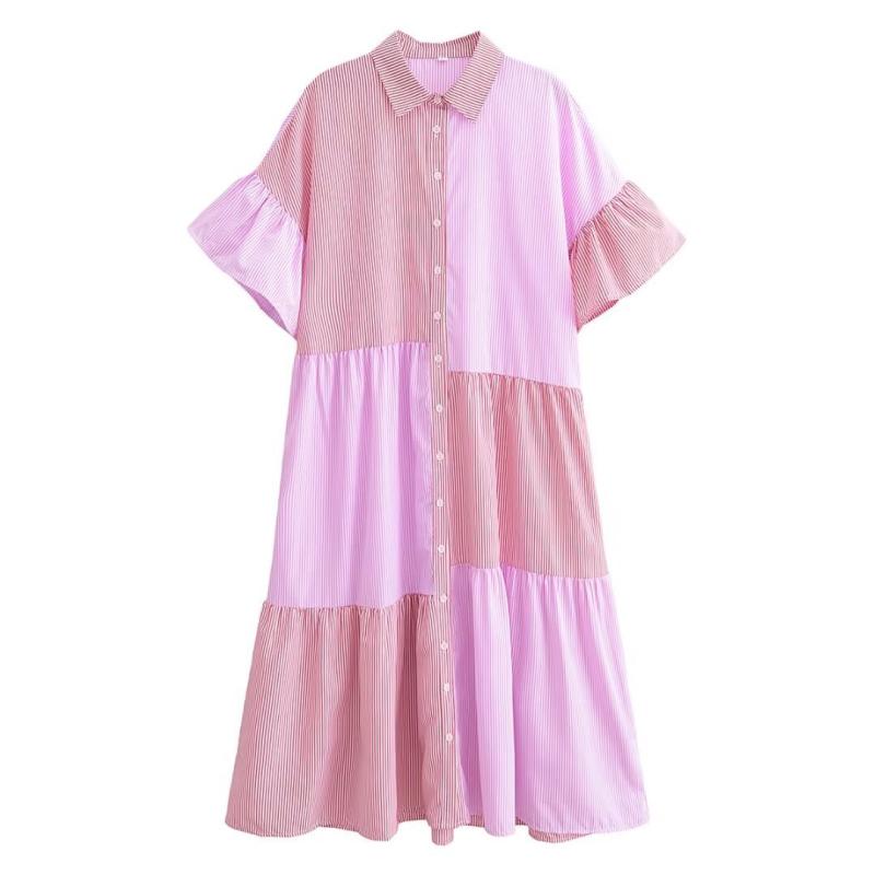 レディース 長袖 条紋 切り替え シャツ タイプ ワンピース ドレス 欧米風 女性服 通勤用 普段使い コットン 混紡 ビッグシルエット Vネック ブラック ホワイト ストライプ 秋冬 軽量 伸縮性 吸湿速乾 高級感 カジュアルスタイル