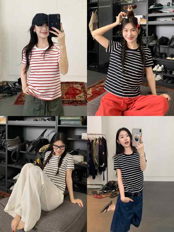 Tシャツ 女性用 春夏 綿 ストライプ 短袖 丸首 トップス 切り替え カラーブロック ゆったり フィット 軽量 吸湿速乾 通勤 普段使い デイリー カジュアル ブラック ピンク系 アイボリー ビッグシルエット 伸縮性 接触冷感