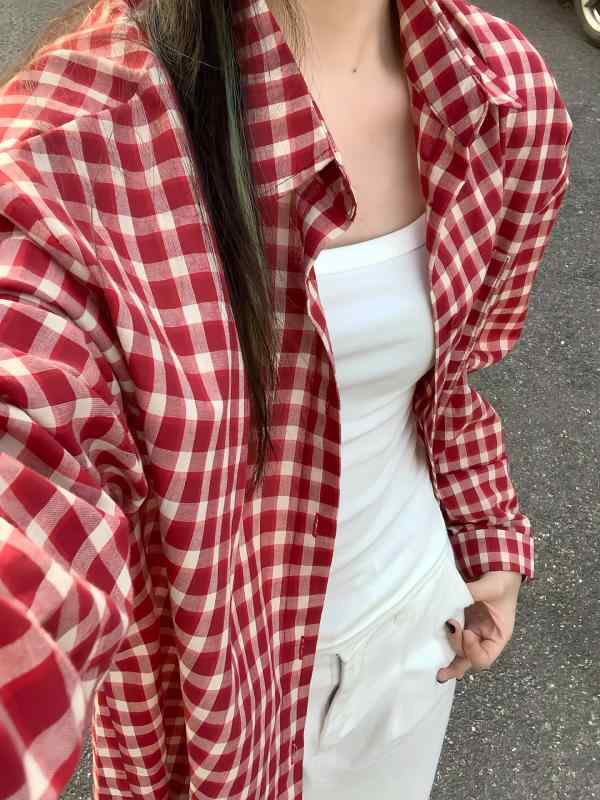 レディース チェック柄 長袖 シャツ アウター 赤 夏初秋 レトロ シンプル 万能 韓国風 アメリカンスタイル トップス コーディネートしやすい カジュアル