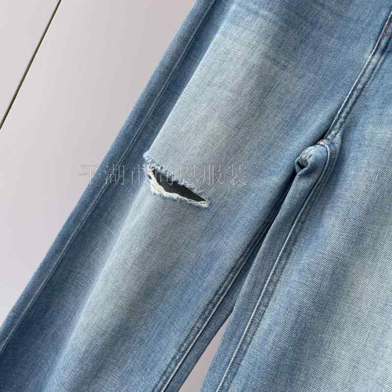 デニムパンツ 女性用 高腰 ワン釦 軽量 ゆったり スリムフィット ストレート コットン95% 破れ加工 ソフト 快適 ストレッチ 普段使い 通勤 カジュアル インディゴ ブルー 膝丈 ミディアムウエスト