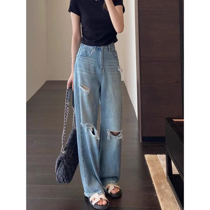 ワイドパンツ 女性用 牛仔 ハイウエスト 直筒 破れ加工 ロング丈 夏用 ストレッチ素材 軽量 通勤 普段使い デニム ビッグシルエット ブルー系 吸湿速乾 快適