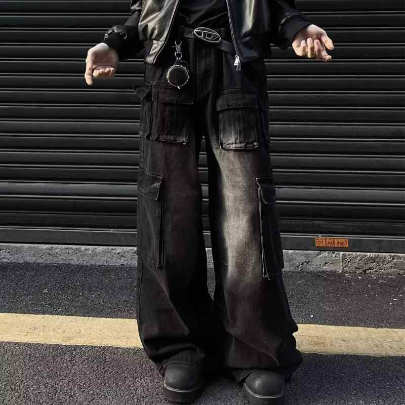 メンズ 秋冬 工装パンツ デニム ワイドレッグ ズボン ビッグシルエット ゆったり 着用 コットン 混紡 軽量 伸縮性 吸湿速乾 通勤用 普段使い アウトドア 着こなし コーディネート ラフスタイル アイテム ベーシック ボトムス ミッドライズ