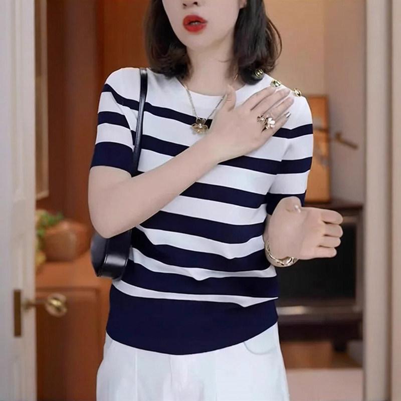 レディース ニットTシャツ ビッグサイズ コントラストストライプ 夏用 短袖 上品 合わせやすい インナー トップス 軽量 伸縮性 吸湿速乾